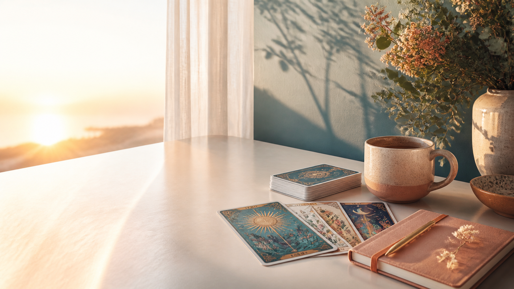 Sunlit table with cards, a notebook, and tea prepared for a reflective psychic reading